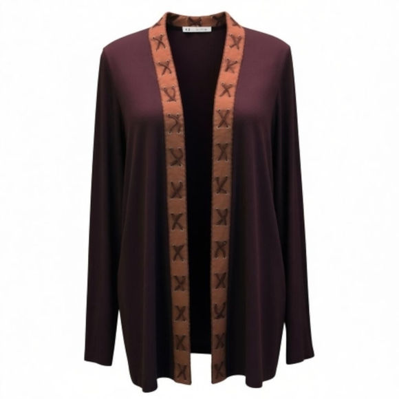 Krazy Kat Women XL Brown Open Cardigan Sweater Faux Leather Accent Trim Western - Picture 13 of 13